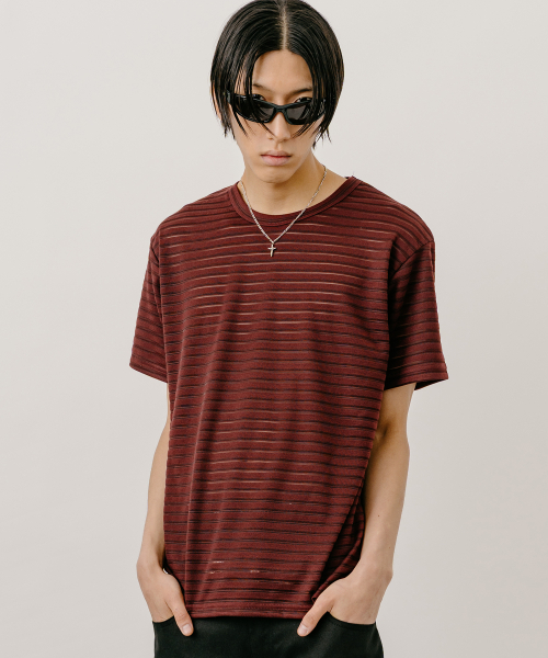 VASTIC(バスティック)の「シースルーストライプTシャツ_ワイン(Tシャツ/カットソー・メンズ・ワイン・MEDIUM/LARGE/X-LARGE)」の1枚目の写真