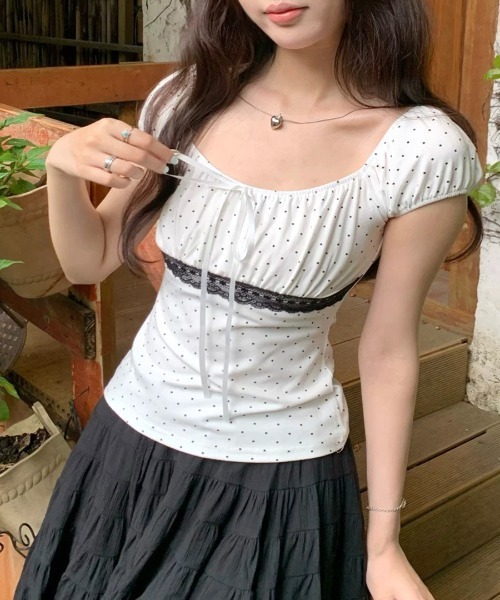 REMUR(レミュール)の「レースドット柄リボントップス(Tシャツ/カットソー・レディース・グレー/ホワイト・M)」の1枚目の写真