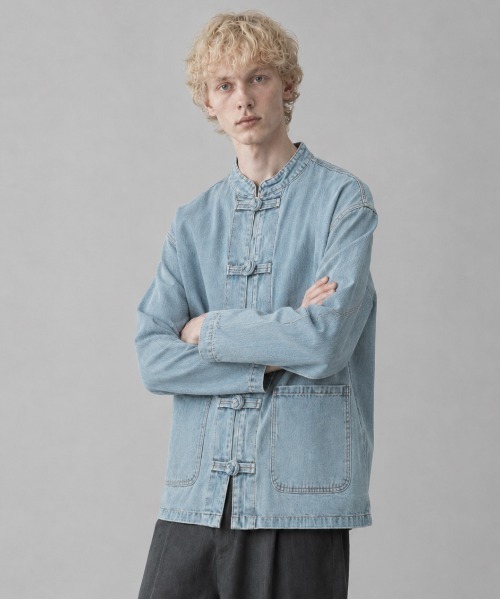 ONE DAY KMC (ワンデイケーエムシー)の「KUNG-FU SHIRT カンフーシャツ チャイナシャツ キレイめ 無地 長袖/ CTTP-001(カバーオール・メンズ・ライトブルー/ダークブルー・LARGE/MEDIUM/SMALL)」の4枚目の写真