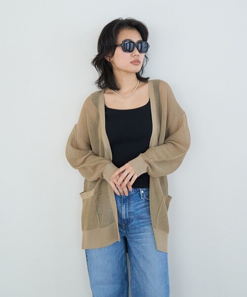 Rouge vif(ルージュヴィフ)の「メッシュニットカーディガン/羽織/冷房対策(カーディガン/ボレロ・レディース・ベージュ/チャコールグレー・フリー)」の7枚目の写真