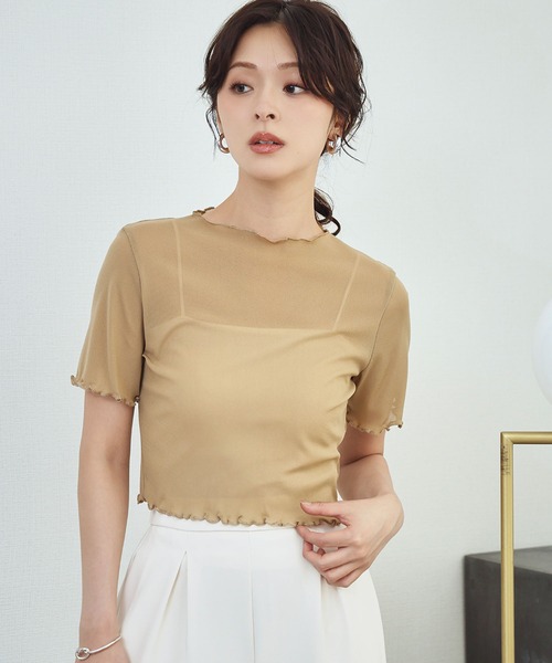 LOWO(ロワ)の「シアーメロウ半袖ショート丈トップス(Tシャツ/カットソー・レディース・ベージュ/ホワイト/ブラック/グレー/ブラウン/アイボリー/ブルー・FREE)」の1枚目の写真