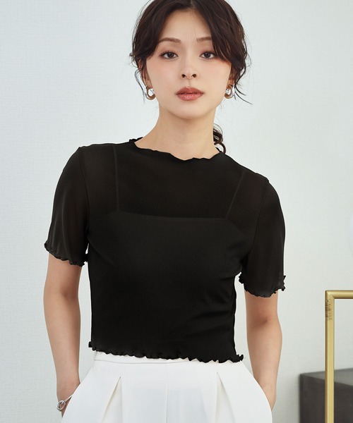 LOWO(ロワ)の「シアーメロウ半袖ショート丈トップス(Tシャツ/カットソー・レディース・ベージュ/ホワイト/ブラック/グレー/ブラウン/アイボリー/ブルー・FREE)」の4枚目の写真