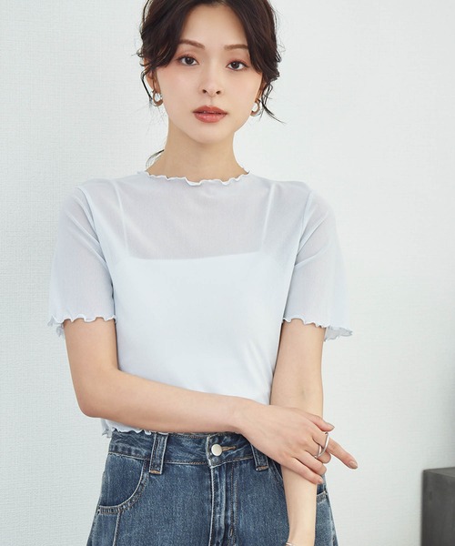 LOWO(ロワ)の「シアーメロウ半袖ショート丈トップス(Tシャツ/カットソー・レディース・ベージュ/ホワイト/ブラック/グレー/ブラウン/アイボリー/ブルー・FREE)」の13枚目の写真