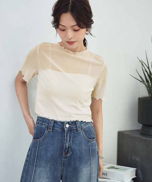 LOWO(ロワ)の「シアーメロウ半袖ショート丈トップス(Tシャツ/カットソー・レディース・ベージュ/ホワイト/ブラック/グレー/ブラウン/アイボリー/ブルー・FREE)」の16枚目の写真