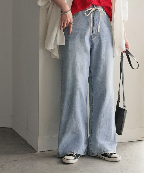 春夏デニ活」 ウエスト紐ベルト付き ワイドデニムパンツ（デニムパンツ