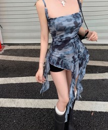 キャミソール タイダイ柄 シアー フリル 不規則裾 Y2K