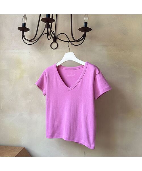 AENE(エイネ)の「VネックTシャツ(ピンク)(Tシャツ/カットソー・レディース・ピンク/オリーブ/ブラック/ホワイト/クリーム・FREE)」の1枚目の写真