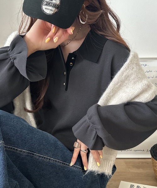 classicalelf(クラシカルエルフ)の「大人の上品見えアイテム♪配色襟キャンディスリーブニットポロ(長袖)(ニット/セーター・レディース・チャコール/モカ/グレイッシュベージュ/ブラック・MEDIUM/LARGE/X-LARGE/SMALL)」の3枚目の写真