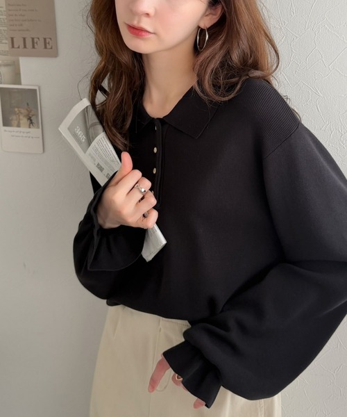 classicalelf(クラシカルエルフ)の「大人の上品見えアイテム♪配色襟キャンディスリーブニットポロ(長袖)(ニット/セーター・レディース・チャコール/モカ/グレイッシュベージュ/ブラック・MEDIUM/LARGE/X-LARGE/SMALL)」の5枚目の写真