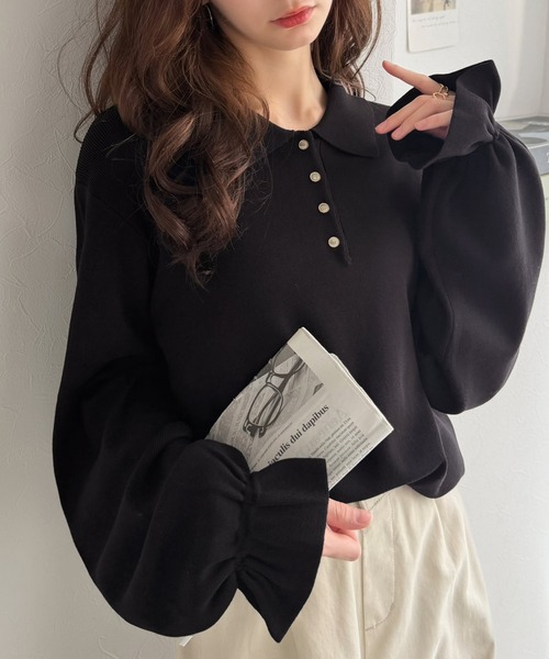 classicalelf(クラシカルエルフ)の「大人の上品見えアイテム♪配色襟キャンディスリーブニットポロ(長袖)(ニット/セーター・レディース・チャコール/モカ/グレイッシュベージュ/ブラック・MEDIUM/LARGE/X-LARGE/SMALL)」の6枚目の写真