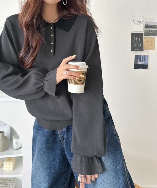 classicalelf(クラシカルエルフ)の「大人の上品見えアイテム♪配色襟キャンディスリーブニットポロ(長袖)(ニット/セーター・レディース・チャコール/モカ/グレイッシュベージュ/ブラック・MEDIUM/LARGE/X-LARGE/SMALL)」の17枚目の写真