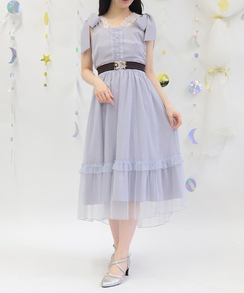 axes femme(アクシーズファム)の「リボン×ラメチュールジャンパースカート(ワンピース・レディース・ブラック/ラベンダー/サックスブルー・FREE)」の3枚目の写真