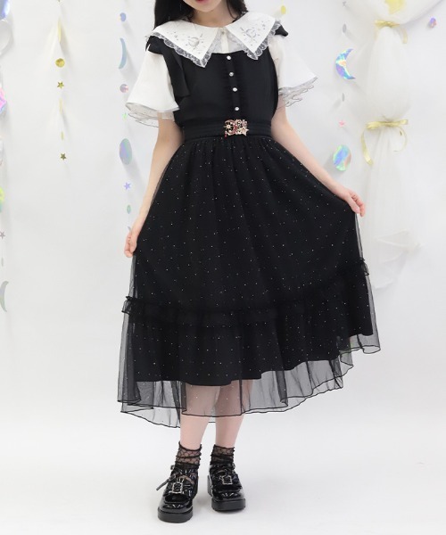 axes femme(アクシーズファム)の「リボン×ラメチュールジャンパースカート(ワンピース・レディース・ブラック/ラベンダー/サックスブルー・FREE)」の2枚目の写真