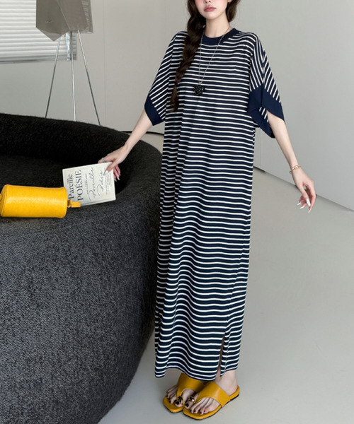 2ly2(トゥーリートゥー)の「ボーダー ロングワンピース(ワンピース・レディース・ネイビー・FREE)」の6枚目の写真