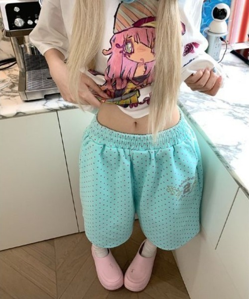 おしゃれスタ（オシャレスタ）の「ドット柄　ワイドスウェットハーフパンツ（スウェットパンツ・レディース・イエロー/ピンク/ミント・S/M/L/XL）」の4枚目の写真