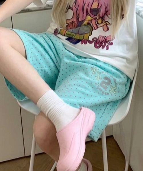おしゃれスタ（オシャレスタ）の「ドット柄　ワイドスウェットハーフパンツ（スウェットパンツ・レディース・イエロー/ピンク/ミント・S/M/L/XL）」の5枚目の写真