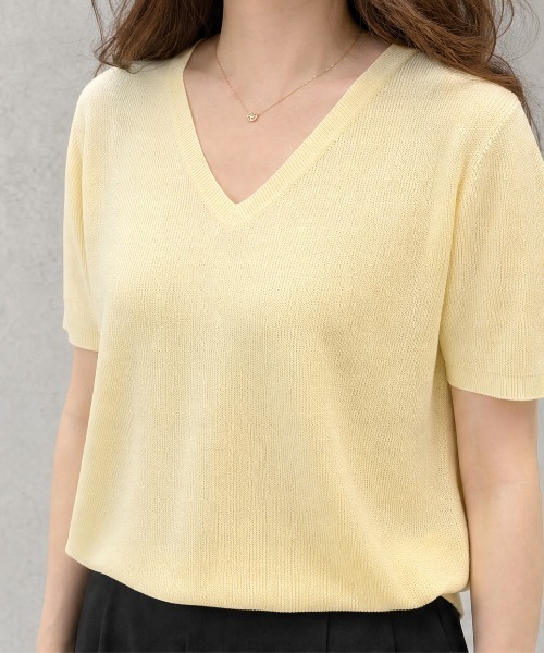 JOCOSA(ジョコサ)の「さらり涼感 半袖Vネックニット(ニット/セーター・レディース・ローズ/ライトイエロー/スカイブルー/ブラック/ホワイト・FREE)」の5枚目の写真