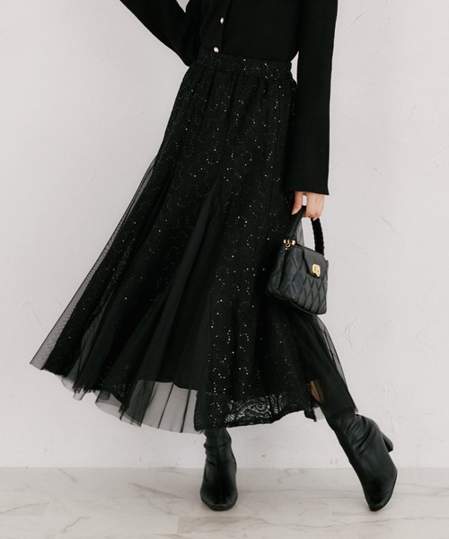 tocco closet（トッコ　クローゼット）の「【ZOZO限定】スパンコール×レース装飾スカート（スカート・レディース・アイボリー/ブラック・M）」の2枚目の写真