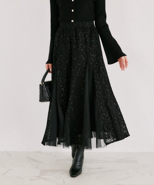 tocco closet（トッコ　クローゼット）の「【ZOZO限定】スパンコール×レース装飾スカート（スカート・レディース・アイボリー/ブラック・M）」の5枚目の写真