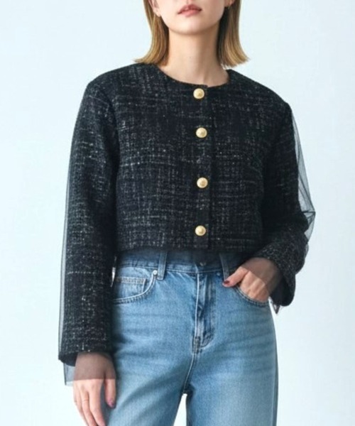Human 2nd Occasion(ヒューマンセカンドオケージョン)の「ツイード×チュールレイヤードジャケット(ノーカラージャケット・レディース・ブラック・FREE)」の2枚目の写真