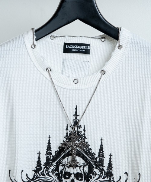 BACKSTAGE PASS（バックステージパス）の「CURSED CHURCH（カースト チャーチ)クロスネックレス付き ダメージワッフル 短丈スカル ロンT（Tシャツ/カットソー・メンズ・ホワイト/ブラック・FREE）」の5枚目の写真