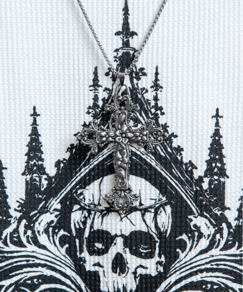 BACKSTAGE PASS（バックステージパス）の「CURSED CHURCH（カースト チャーチ)クロスネックレス付き ダメージワッフル 短丈スカル ロンT（Tシャツ/カットソー・メンズ・ホワイト/ブラック・FREE）」の6枚目の写真