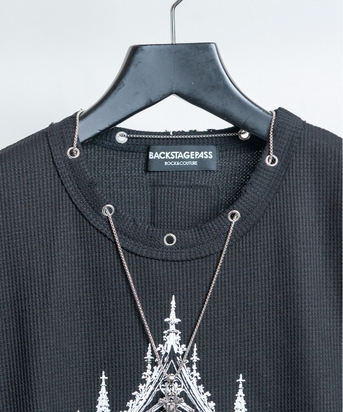 BACKSTAGE PASS（バックステージパス）の「CURSED CHURCH（カースト チャーチ)クロスネックレス付き ダメージワッフル 短丈スカル ロンT（Tシャツ/カットソー・メンズ・ホワイト/ブラック・FREE）」の12枚目の写真