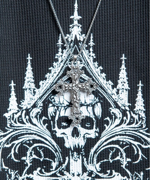 BACKSTAGE PASS（バックステージパス）の「CURSED CHURCH（カースト チャーチ)クロスネックレス付き ダメージワッフル 短丈スカル ロンT（Tシャツ/カットソー・メンズ・ホワイト/ブラック・FREE）」の13枚目の写真