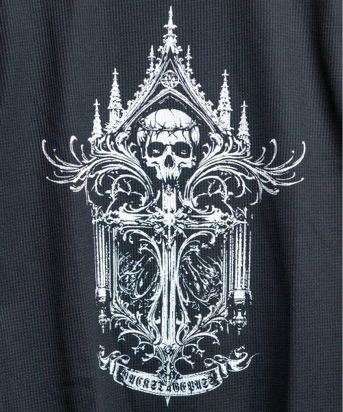 BACKSTAGE PASS（バックステージパス）の「CURSED CHURCH（カースト チャーチ)クロスネックレス付き ダメージワッフル 短丈スカル ロンT（Tシャツ/カットソー・メンズ・ホワイト/ブラック・FREE）」の14枚目の写真