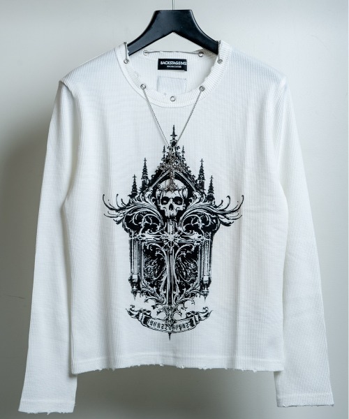BACKSTAGE PASS（バックステージパス）の「CURSED CHURCH（カースト チャーチ)クロスネックレス付き ダメージワッフル 短丈スカル ロンT（Tシャツ/カットソー・メンズ・ホワイト/ブラック・FREE）」の3枚目の写真