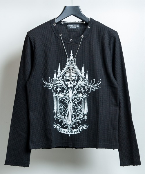 BACKSTAGE PASS（バックステージパス）の「CURSED CHURCH（カースト チャーチ)クロスネックレス付き ダメージワッフル 短丈スカル ロンT（Tシャツ/カットソー・メンズ・ホワイト/ブラック・FREE）」の10枚目の写真