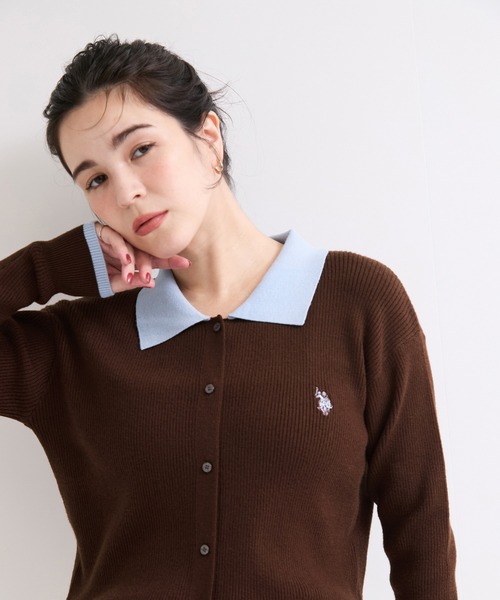 U.S. POLO ASSN.(ユーエスポロアッスン)の「【U.S. POLO ASSN.】別注/配色襟つきニットPOカーデ(カーディガン/ボレロ・レディース・ブラウン/ネイビー/グレー・FREE)」の2枚目の写真