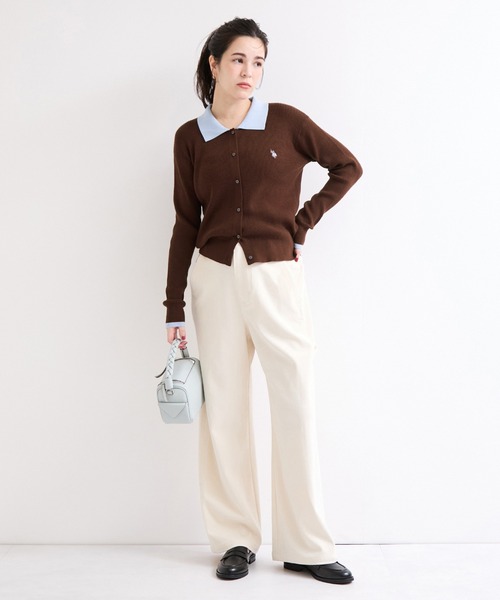 U.S. POLO ASSN.(ユーエスポロアッスン)の「【U.S. POLO ASSN.】別注/配色襟つきニットPOカーデ(カーディガン/ボレロ・レディース・ブラウン/ネイビー/グレー・FREE)」の4枚目の写真