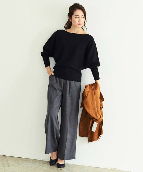 UR'S（ユアーズ）の「ﾎﾞｰﾄﾈｯｸﾄﾞﾙﾏﾝﾆｯﾄ（ニット/セーター・レディース・ブラック/モカ/パープル/グリーン/杢グレー・FREE）」の2枚目の写真