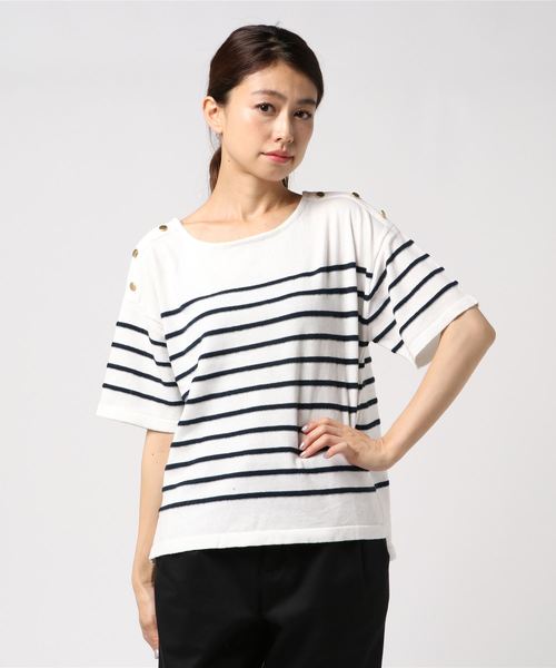 AMERICAN HOLIC（アメリカンホリック）の「・半袖肩釦付きボーダープルオーバー（ニット/セーター・レディース・ネイビー/ブラック/オフホワイト・FREE）」の2枚目の写真