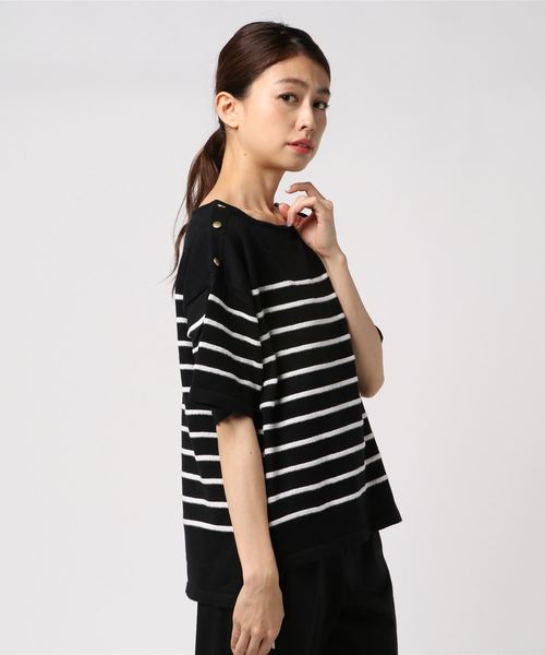 AMERICAN HOLIC（アメリカンホリック）の「・半袖肩釦付きボーダープルオーバー（ニット/セーター・レディース・ネイビー/ブラック/オフホワイト・FREE）」の3枚目の写真