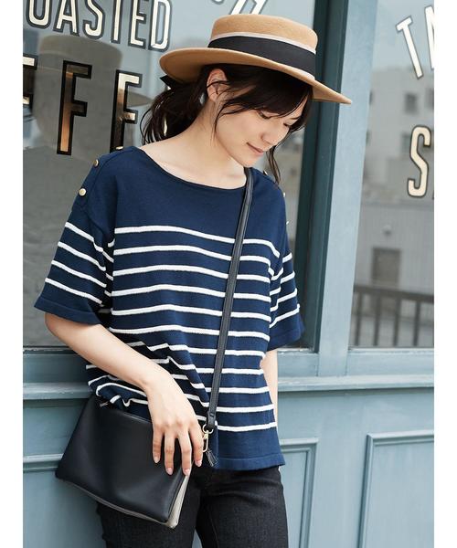 AMERICAN HOLIC（アメリカンホリック）の「・半袖肩釦付きボーダープルオーバー（ニット/セーター・レディース・ネイビー/ブラック/オフホワイト・FREE）」の13枚目の写真