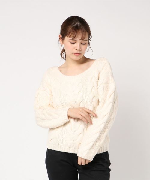 リエンダ rienda 新品未使用 ジップ 肩出し ケーブルニット ピンク 編み セール】パンピーケーブルKnitトップス（ニット/セーター