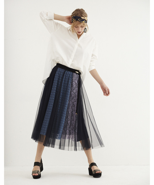 Editt by YECCA VECCA（エディットバイイェッカヴェッカ）の「レースブロッキングチュールスカート（スカート・レディース・アイボリー/ネイビー・フリー）」の2枚目の写真