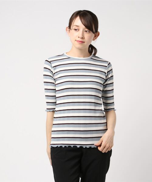 STYLEBLOCK（スタイルブロック）の「先染めマルチボーダーリブトップス（Tシャツ/カットソー・レディース・ベージュ/サックスブルー/パープル/ネイビー・M）」の3枚目の写真