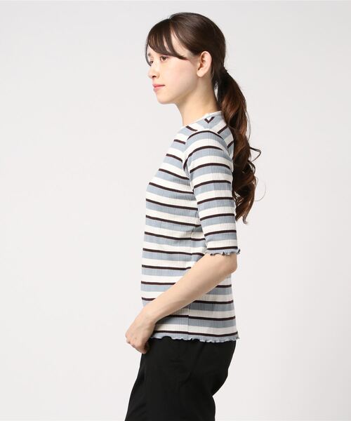 STYLEBLOCK（スタイルブロック）の「先染めマルチボーダーリブトップス（Tシャツ/カットソー・レディース・ベージュ/サックスブルー/パープル/ネイビー・M）」の5枚目の写真