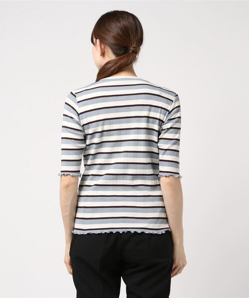 STYLEBLOCK（スタイルブロック）の「先染めマルチボーダーリブトップス（Tシャツ/カットソー・レディース・ベージュ/サックスブルー/パープル/ネイビー・M）」の6枚目の写真