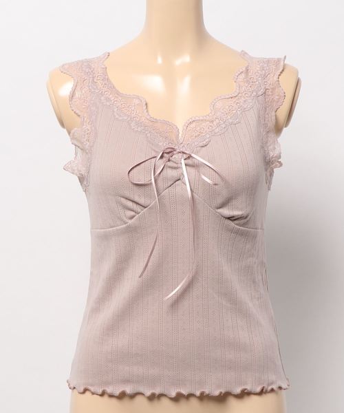 one after another NICE CLAUP(ワンアフターアナザーナイスクラップ)の「リボン付きレースタンク(キャミソール・レディース・ブラウン/オフホワイト/グリーン/ピンクベージュ・FREE)」の7枚目の写真