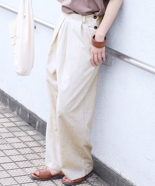 reca(レカ)の「サイドボタンタック入りリネンワイドパンツ(その他パンツ・レディース・ライトベージュ/カーキ/キャメル・FREE)」の2枚目の写真