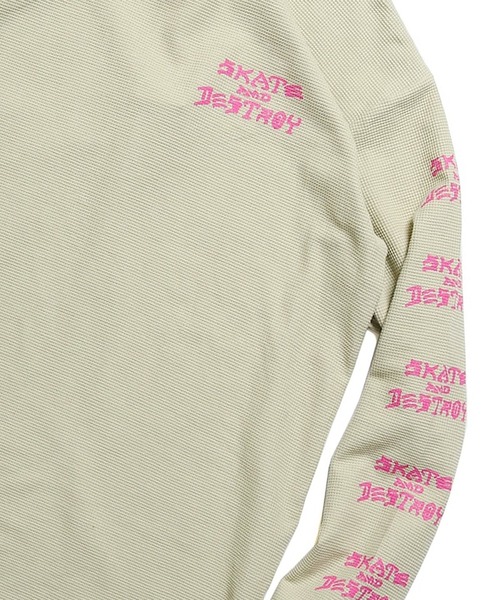 THRASHER(スラッシャー)の「THRASHER/スラッシャー SK8&DESTROY THERMAL L/S T-SHIRT ワッフル ロンT(Tシャツ/カットソー・メンズ・ベージュ/ブラック×グリーン/カーキ・M/XL/L)」の1枚目の写真