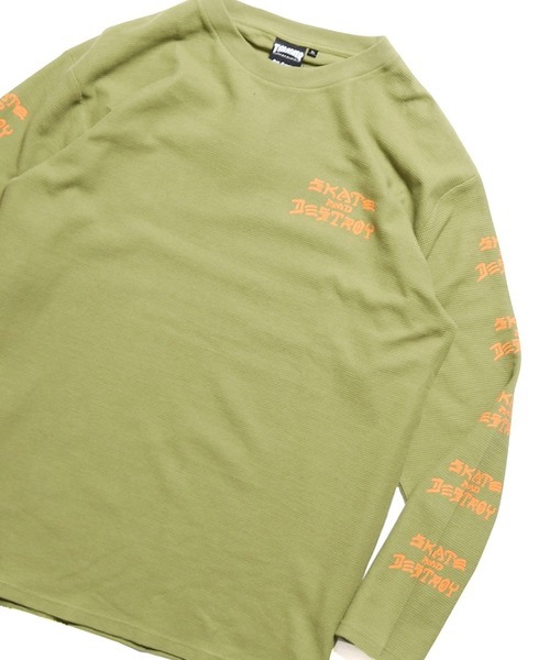 THRASHER(スラッシャー)の「THRASHER/スラッシャー SK8&DESTROY THERMAL L/S T-SHIRT ワッフル ロンT(Tシャツ/カットソー・メンズ・ベージュ/ブラック×グリーン/カーキ・M/XL/L)」の2枚目の写真