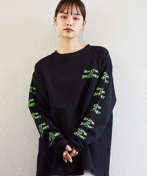 THRASHER(スラッシャー)の「THRASHER/スラッシャー SK8&DESTROY THERMAL L/S T-SHIRT ワッフル ロンT(Tシャツ/カットソー・メンズ・ベージュ/ブラック×グリーン/カーキ・M/XL/L)」の3枚目の写真