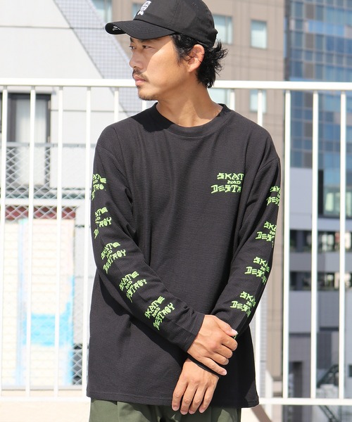 THRASHER(スラッシャー)の「THRASHER/スラッシャー SK8&DESTROY THERMAL L/S T-SHIRT ワッフル ロンT(Tシャツ/カットソー・メンズ・ベージュ/ブラック×グリーン/カーキ・M/XL/L)」の12枚目の写真