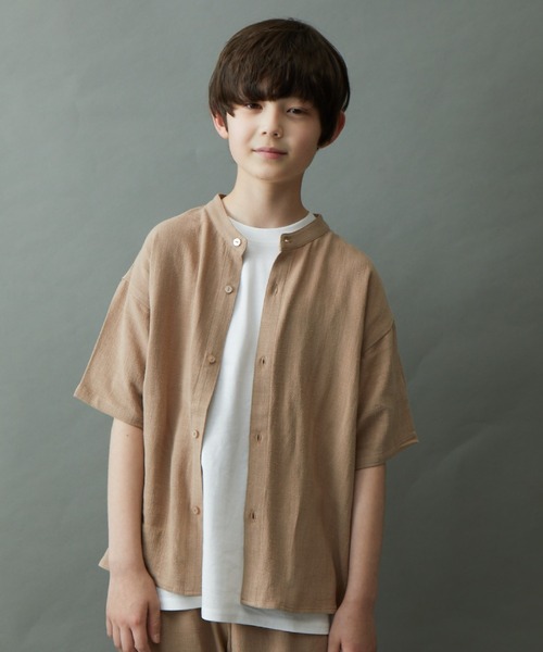 ＆yam（アンドヤム）の「リネンレーヨン バンドカラー半袖シャツ（シャツ/ブラウス・キッズ・グリーン/グレー/ベージュ/パープル/ブラック・140-150cm/130-140cm/150-160cm/120-130cm/110-120cm）」の4枚目の写真