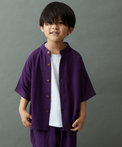 ＆yam（アンドヤム）の「リネンレーヨン バンドカラー半袖シャツ（シャツ/ブラウス・キッズ・グリーン/グレー/ベージュ/パープル/ブラック・140-150cm/130-140cm/150-160cm/120-130cm/110-120cm）」の5枚目の写真